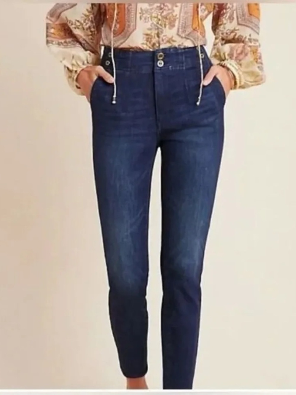 ANTHROPOLOGIE Pilcro Pleated High Rise Dark Wash Blue Denim Skinny Jeans, 32
